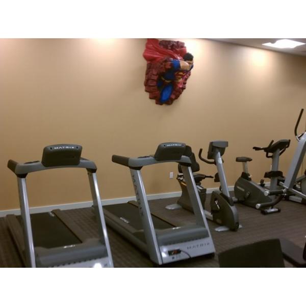 A gym room with a superman statue on the wall equipped with new gym equipment.