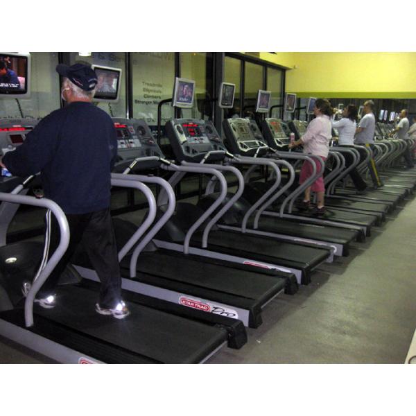 A group of people on treadmills in a gym equipped with new gym equipment.