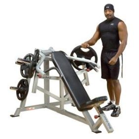 A man standing next to a Body Solid Leverage Incline Bench Press - New among new gym equipment.