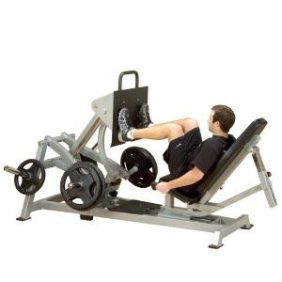 A man is sitting on the Body Solid Leverage Plate Loaded Horizontal Leg Press - New.