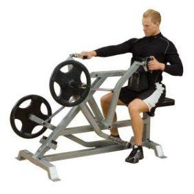 A man is performing a squat on a Body Solid Leverage Plate Loaded Seated Row - New machine.