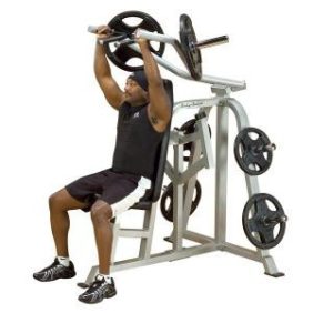 A man is using the Body Solid Leverage Plate Loaded Shoulder Press - New machine at the gym.