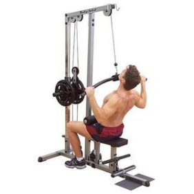 A man utilizing the Body Solid Plate Loaded Pro Lat Machine - New for pull down exercises.