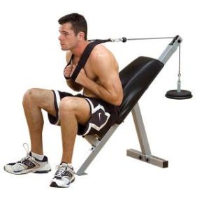 A man is sitting on a bench with a Body Solid Powerline Ab Bench - New attached to it, using new gym equipment.