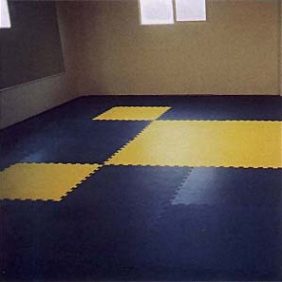 A room with new, yellow and blue grappling mats.