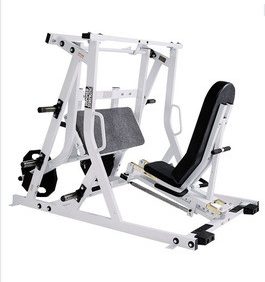 A new Hammer Strength Plate Loaded Leg Press - Remanufactured on a white background.