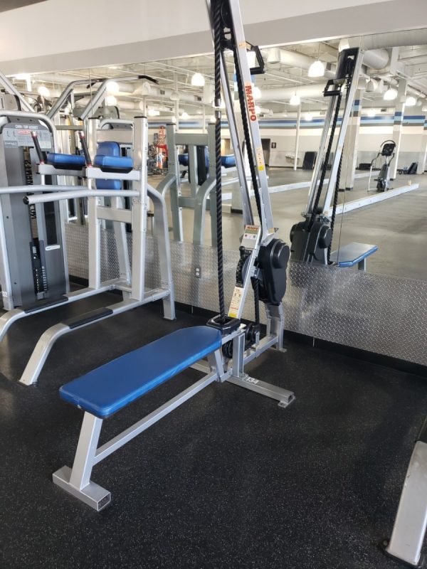 A gym with the Marpo Kinetics Rope Climber - Serviced including a bench, weights, and mirrors.