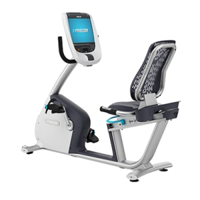 A new Precor RBK 885 Recumbent - Remanufactured exercise bike with a screen.