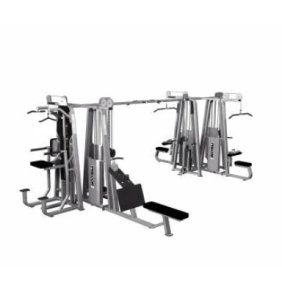 The Precor Icarian 8 Stack - Serviced multi-station gym machine features various attachments and seats, ideal for comprehensive strength training exercises.