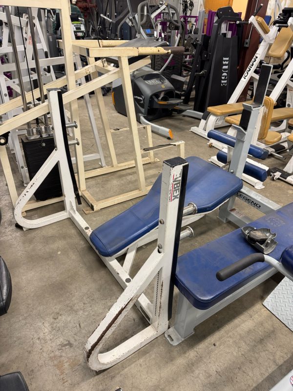 The gym floor is cluttered with various workout equipment, including a Cybex seated calf raise machine, with weights scattered around next to a Cybex Olympic Decline Bench costing $350.