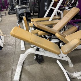 A compact gym area features various machines, including two Icarian Incline Adjustable Benches in tan, each priced at $350.