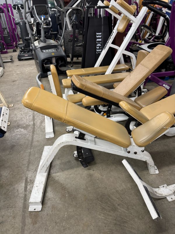 A compact gym area features various machines, including two Icarian Incline Adjustable Benches in tan, each priced at $350.