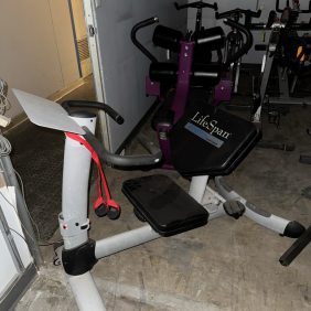 The Life Fitness Signature Ab Crunch, priced at $1995, features black and purple padding and comes with handles and a step platform. Ideal for indoor workouts on a concrete floor, it is perfect for an effective ab crunch routine.