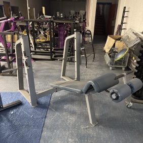 The fitness center features a leg curl machine with padded supports, nestled among various exercise equipment like the versatile Precor Olympic Decline Bench - As Is Functional, all on a mat-covered floor.