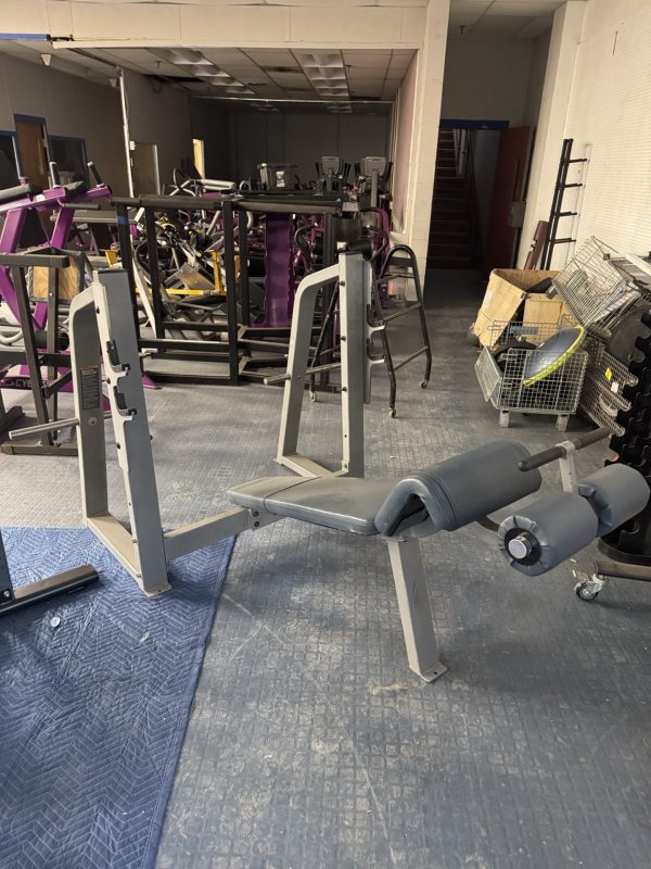 The fitness center features a leg curl machine with padded supports, nestled among various exercise equipment like the versatile Precor Olympic Decline Bench - As Is Functional, all on a mat-covered floor.